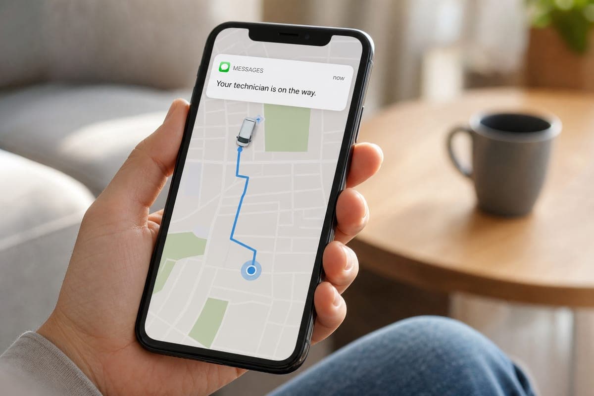 Phone showing a live map when the technician is on the way